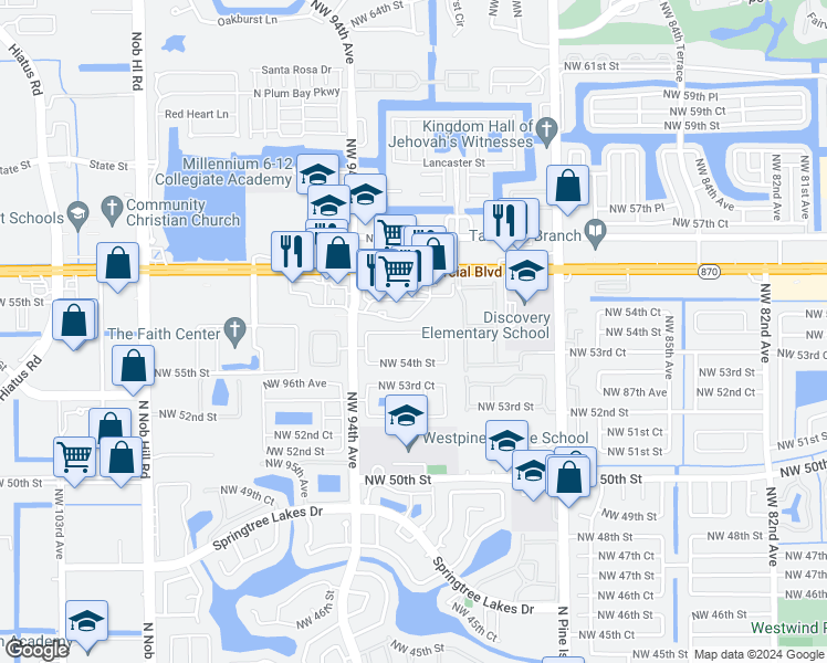 map of restaurants, bars, coffee shops, grocery stores, and more near 9289 Northwest 55th Street in Sunrise