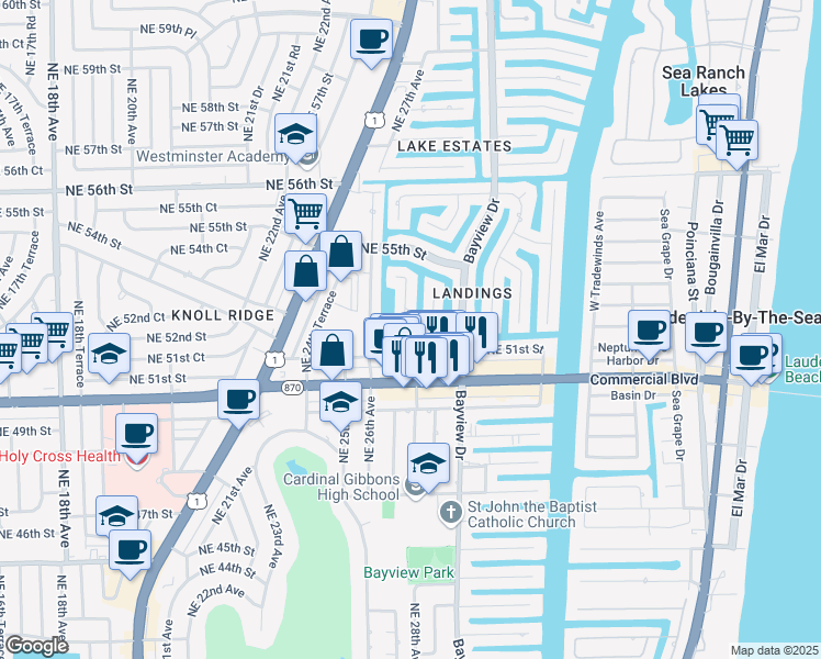 map of restaurants, bars, coffee shops, grocery stores, and more near 2810 Northeast 52nd Street in Fort Lauderdale