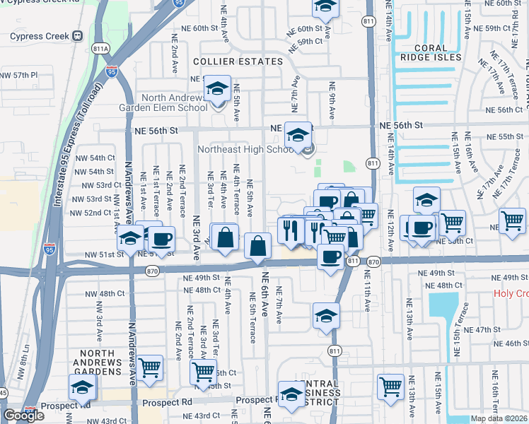 map of restaurants, bars, coffee shops, grocery stores, and more near 5217 Northeast 6th Avenue in Fort Lauderdale