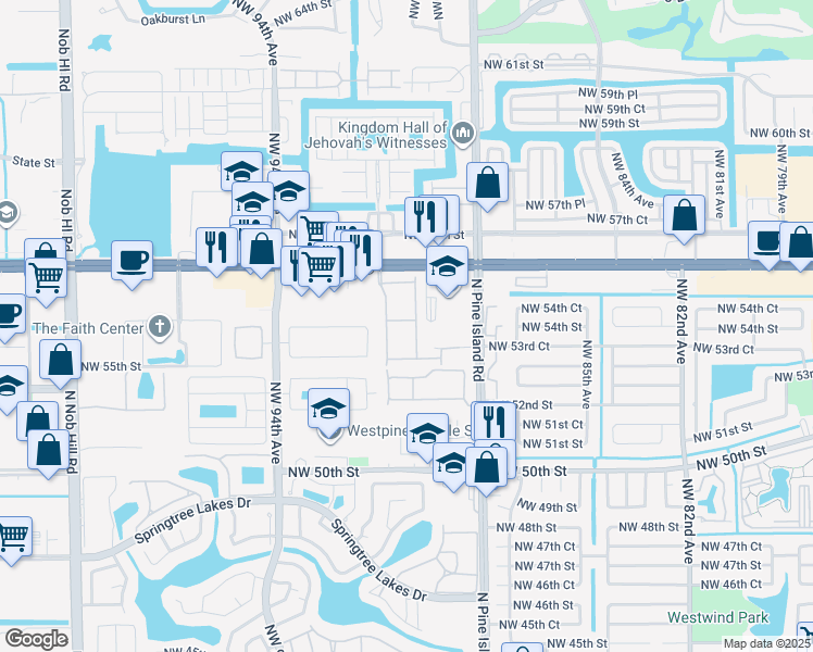 map of restaurants, bars, coffee shops, grocery stores, and more near 9024 Northwest 55th Street in Sunrise