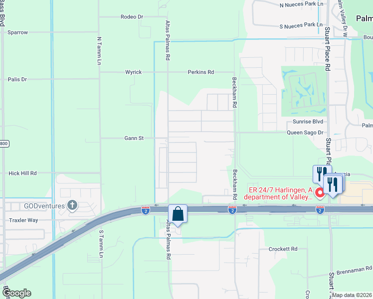 map of restaurants, bars, coffee shops, grocery stores, and more near 119 Palm Tree Dr in Harlingen
