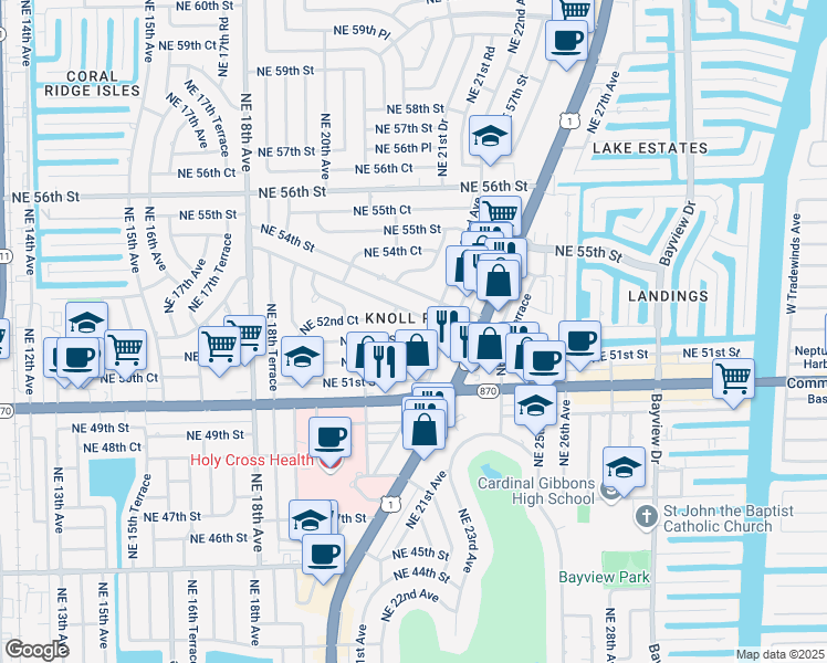 map of restaurants, bars, coffee shops, grocery stores, and more near 2251 Northeast 52nd Street in Fort Lauderdale