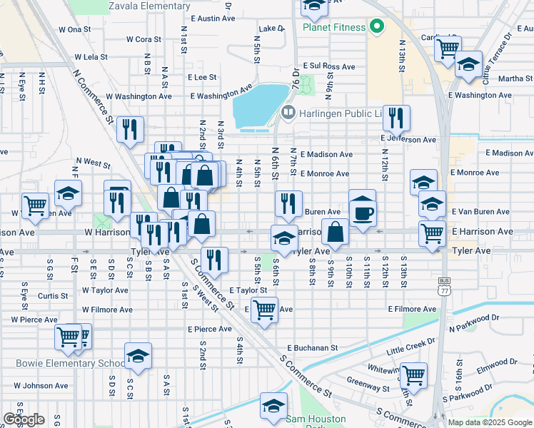 map of restaurants, bars, coffee shops, grocery stores, and more near 506 E Van Buren Ave in Harlingen