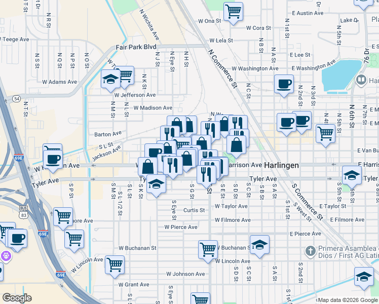 map of restaurants, bars, coffee shops, grocery stores, and more near 801-899 W Van Buren Ave in Harlingen