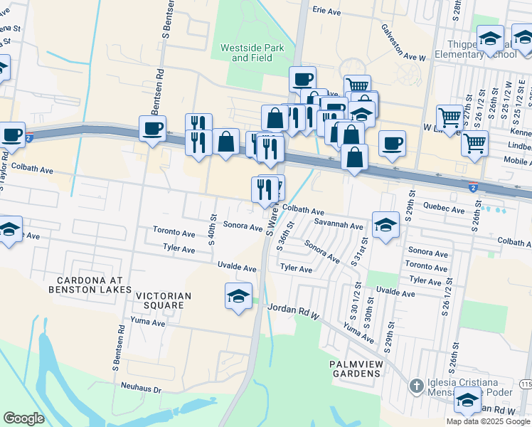map of restaurants, bars, coffee shops, grocery stores, and more near 3701 Colbath Avenue in McAllen