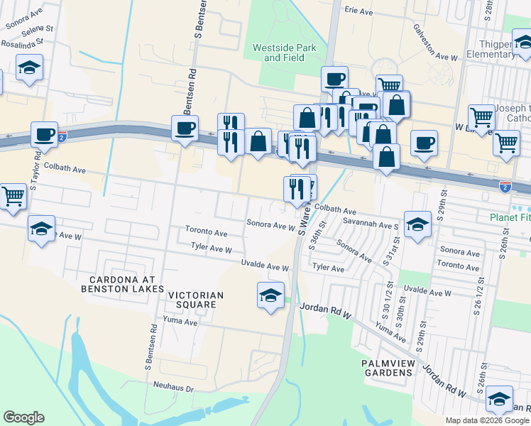 map of restaurants, bars, coffee shops, grocery stores, and more near 2001 South 39th Street in McAllen