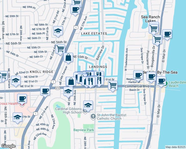 map of restaurants, bars, coffee shops, grocery stores, and more near 2920 Northeast 52nd Street in Fort Lauderdale