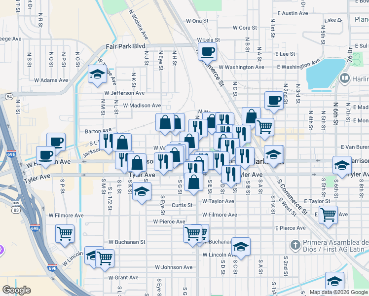 map of restaurants, bars, coffee shops, grocery stores, and more near 801 West Van Buren Avenue in Harlingen