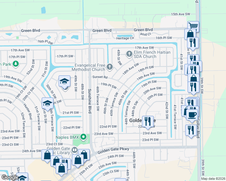 map of restaurants, bars, coffee shops, grocery stores, and more near 1953 45th Terrace Southwest in Naples