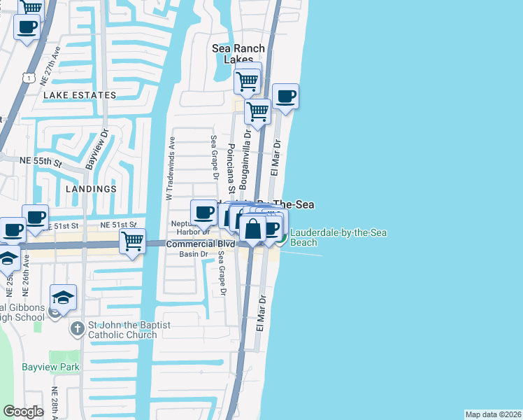 map of restaurants, bars, coffee shops, grocery stores, and more near 4444 El Mar Drive in Lauderdale-by-the-Sea