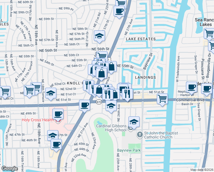 map of restaurants, bars, coffee shops, grocery stores, and more near 2455 Northeast 51st Street in Fort Lauderdale