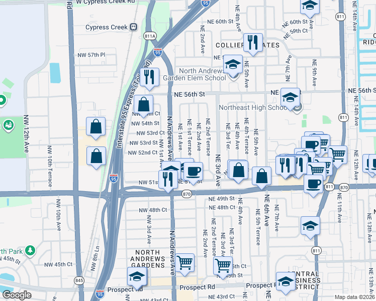 map of restaurants, bars, coffee shops, grocery stores, and more near 5249 Northeast 2nd Avenue in Fort Lauderdale