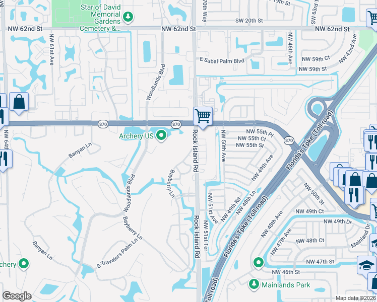 map of restaurants, bars, coffee shops, grocery stores, and more near 5404 Bayberry Lane in Tamarac