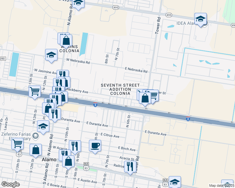 map of restaurants, bars, coffee shops, grocery stores, and more near 610 East Hackberry Avenue in Alamo