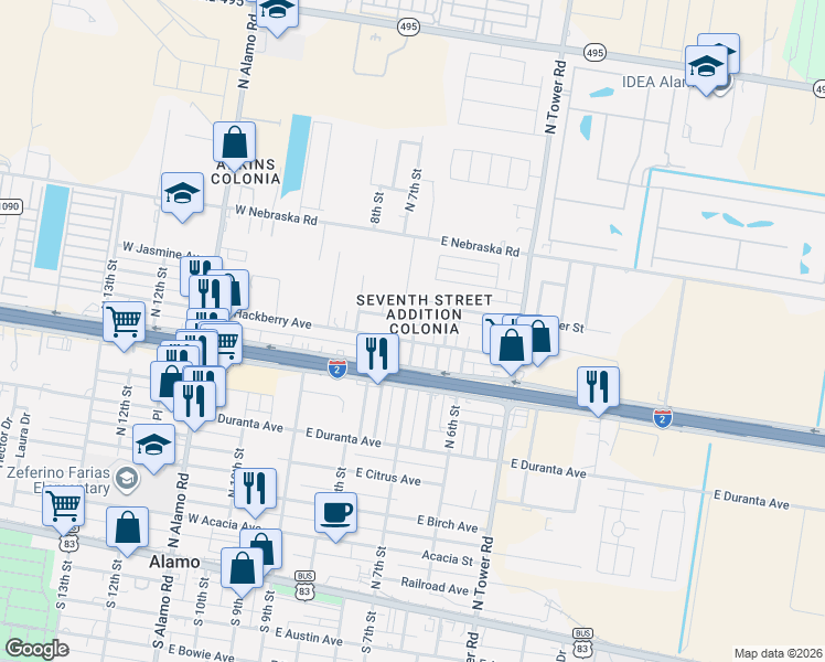 map of restaurants, bars, coffee shops, grocery stores, and more near 610 East Hackberry Avenue in Alamo