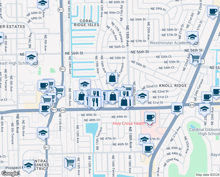 map of restaurants, bars, coffee shops, grocery stores, and more near 5200 Northeast 17th Avenue in Fort Lauderdale