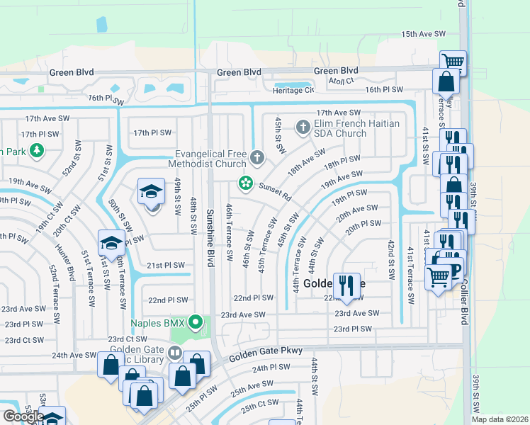 map of restaurants, bars, coffee shops, grocery stores, and more near 1953 45th Terrace Southwest in Naples