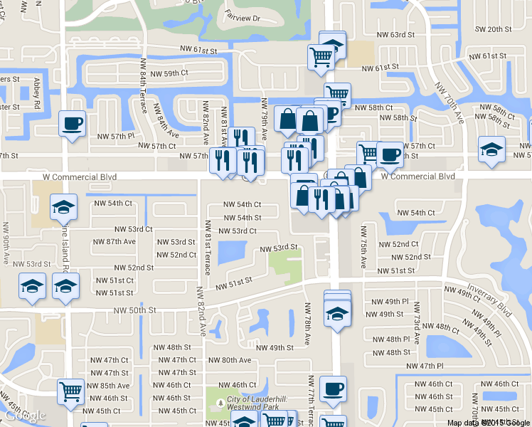 map of restaurants, bars, coffee shops, grocery stores, and more near 7841 Northwest 54th Street in Lauderhill