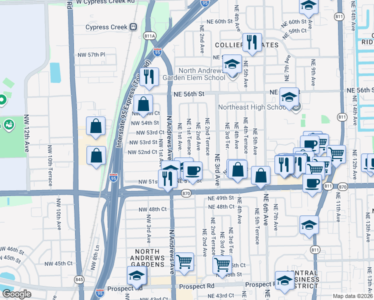 map of restaurants, bars, coffee shops, grocery stores, and more near 5249 Northeast 2nd Avenue in Fort Lauderdale