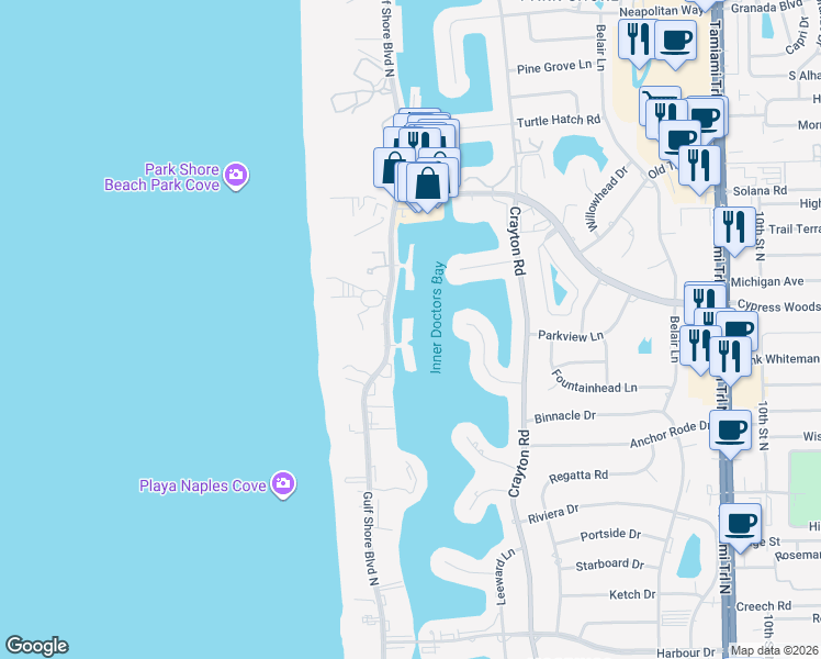 map of restaurants, bars, coffee shops, grocery stores, and more near 4000 Gulf Shore Boulevard North in Naples
