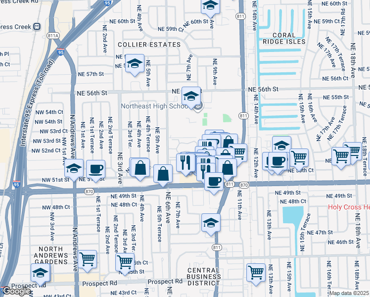 map of restaurants, bars, coffee shops, grocery stores, and more near 5220 Northeast 6th Avenue in Oakland Park