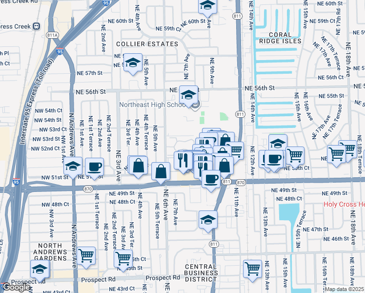 map of restaurants, bars, coffee shops, grocery stores, and more near 5212 Northeast 6th Avenue in Fort Lauderdale