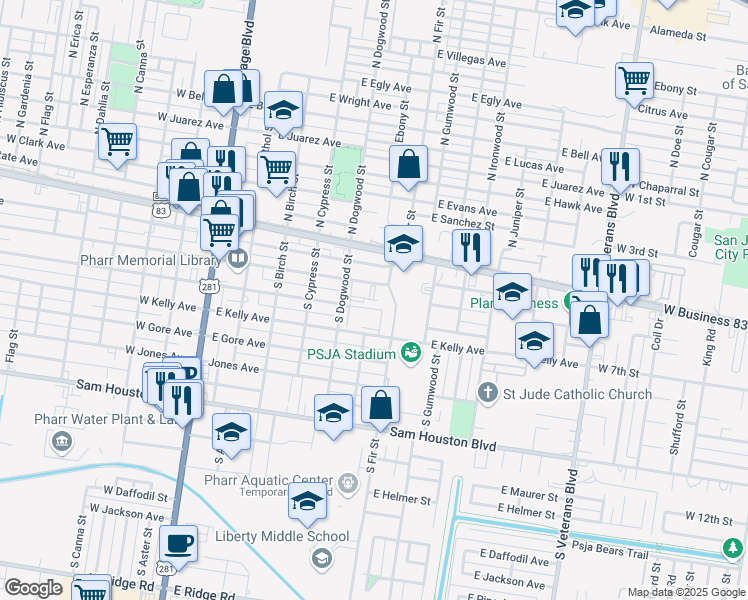 map of restaurants, bars, coffee shops, grocery stores, and more near 601 East Kelly Avenue in Pharr