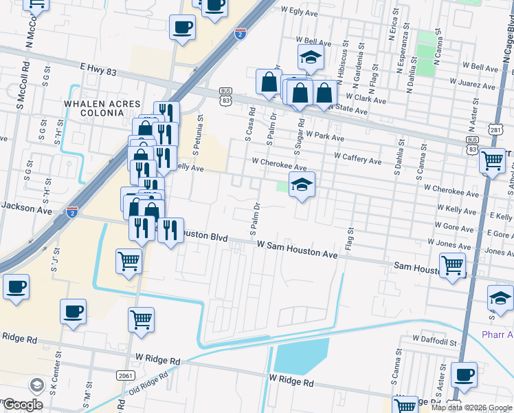 map of restaurants, bars, coffee shops, grocery stores, and more near 450 South Palm Drive in Pharr