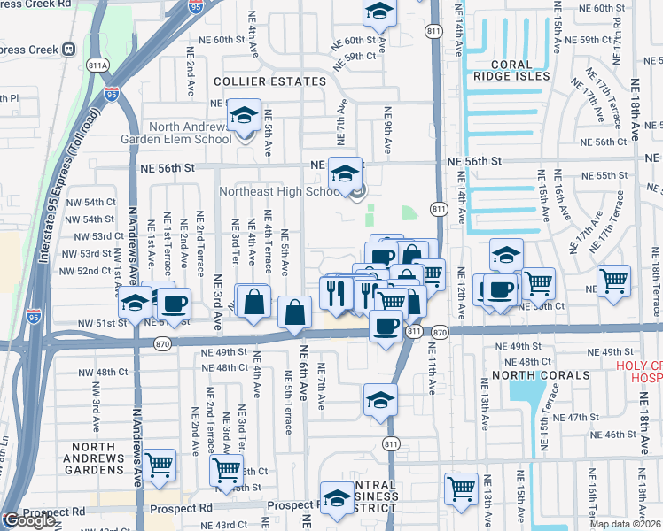 map of restaurants, bars, coffee shops, grocery stores, and more near 5220 Northeast 6th Avenue in Oakland Park