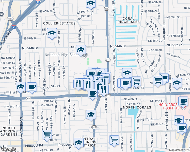 map of restaurants, bars, coffee shops, grocery stores, and more near 5223 North Dixie Highway in Oakland Park