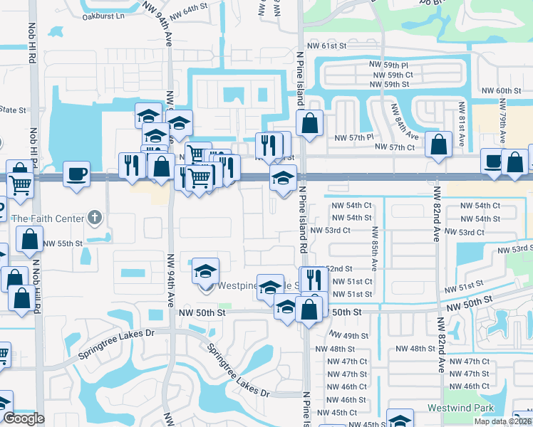 map of restaurants, bars, coffee shops, grocery stores, and more near 9024 Northwest 55th Street in Sunrise