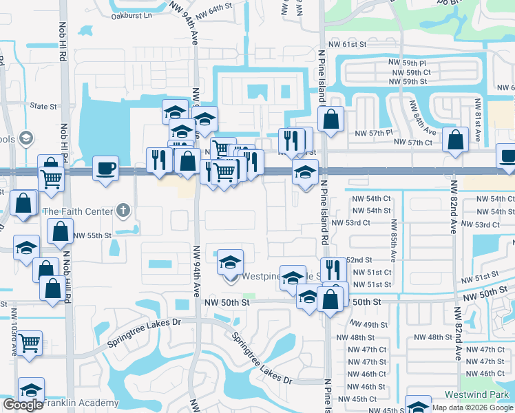 map of restaurants, bars, coffee shops, grocery stores, and more near 5490 Northwest 92nd Avenue in Sunrise