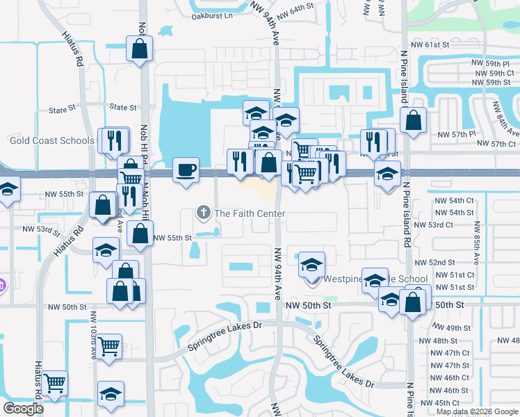 map of restaurants, bars, coffee shops, grocery stores, and more near 9445 Northwest 55th Street in Sunrise