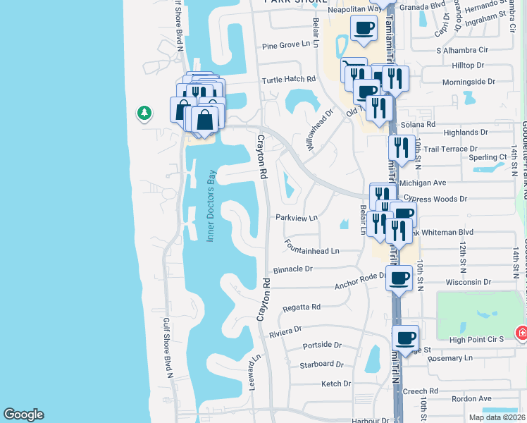 map of restaurants, bars, coffee shops, grocery stores, and more near 3777 Crayton Road in Naples