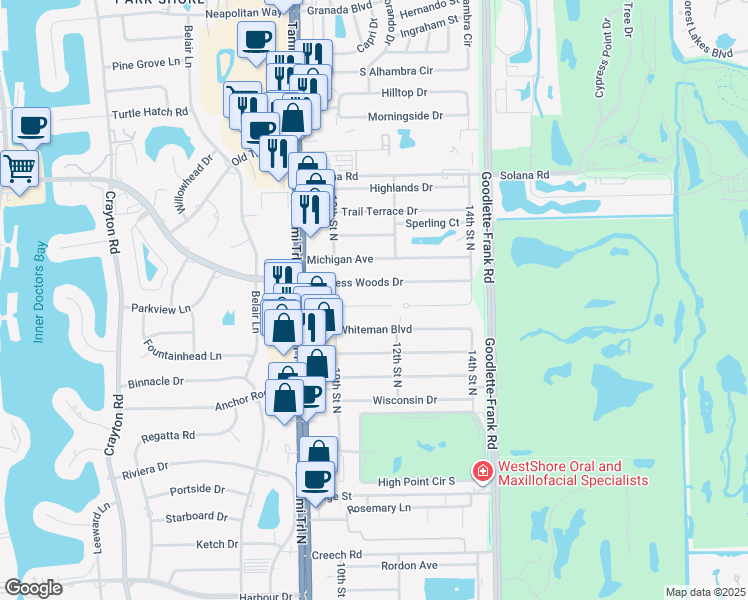 map of restaurants, bars, coffee shops, grocery stores, and more near 1105 Hollygate Lane in Naples