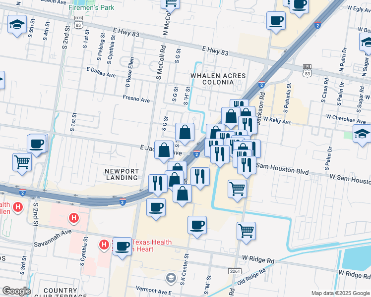 map of restaurants, bars, coffee shops, grocery stores, and more near 1001 East Jackson Avenue in McAllen