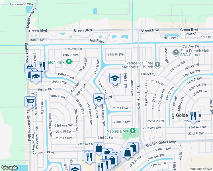 map of restaurants, bars, coffee shops, grocery stores, and more near 1973 49th Terrace Southwest in Naples