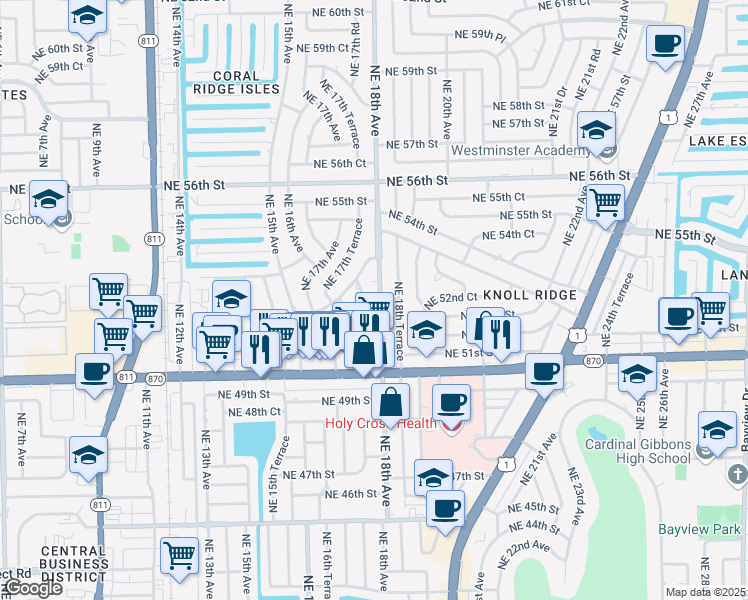 map of restaurants, bars, coffee shops, grocery stores, and more near 5180 Northeast 18th Avenue in Fort Lauderdale