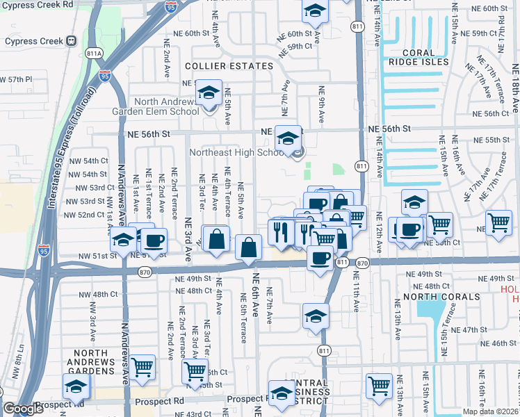 map of restaurants, bars, coffee shops, grocery stores, and more near 5217 Northeast 6th Avenue in Fort Lauderdale