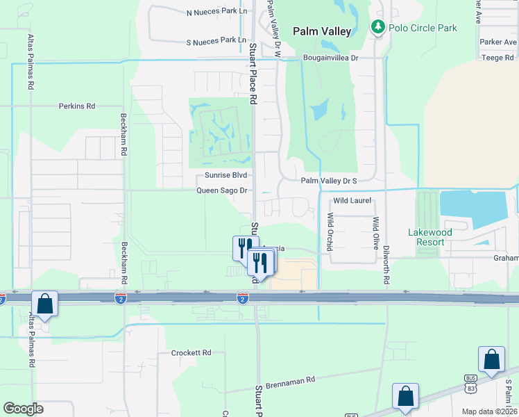 map of restaurants, bars, coffee shops, grocery stores, and more near 226 Lime Drive in Harlingen