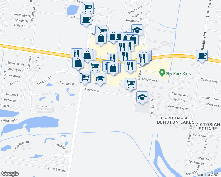 map of restaurants, bars, coffee shops, grocery stores, and more near 7 Colorado Street in Mission