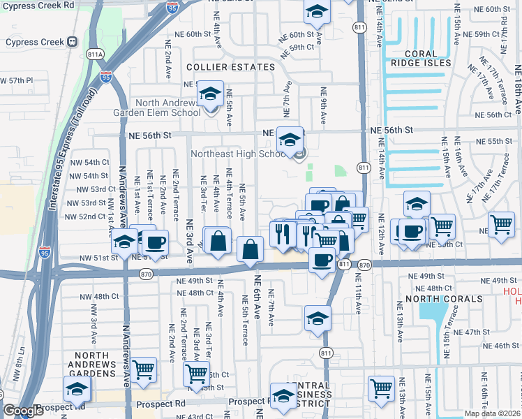map of restaurants, bars, coffee shops, grocery stores, and more near 5217 Northeast 6th Avenue in Fort Lauderdale