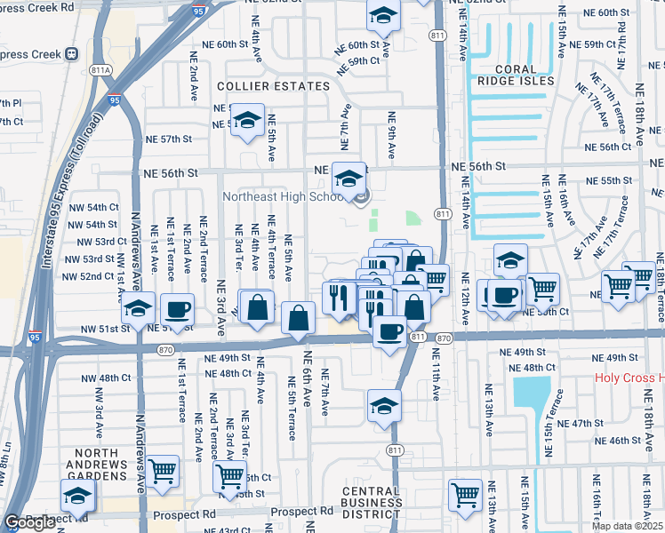 map of restaurants, bars, coffee shops, grocery stores, and more near 5220 Northeast 6th Avenue in Oakland Park