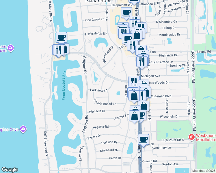 map of restaurants, bars, coffee shops, grocery stores, and more near 735 Parkview Lane in Naples
