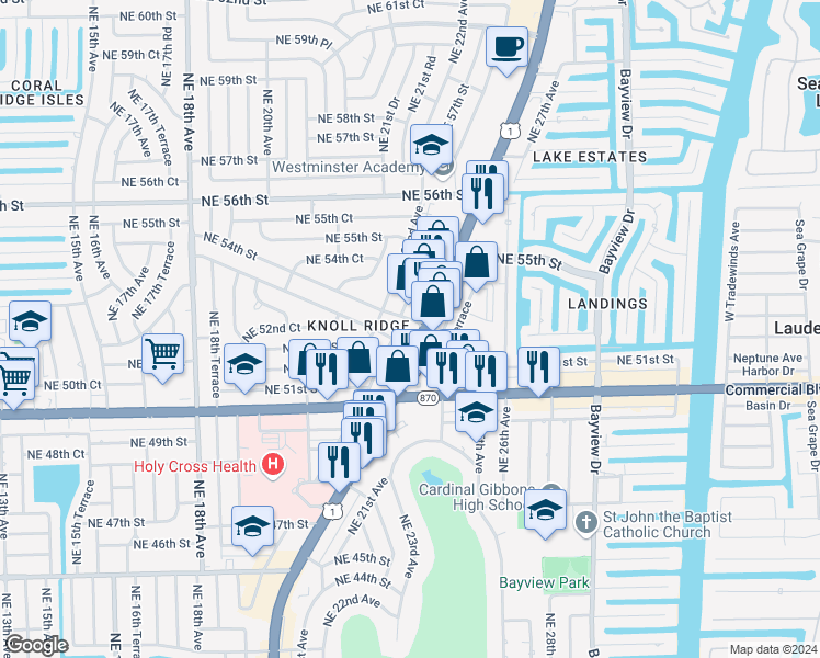 map of restaurants, bars, coffee shops, grocery stores, and more near 2312 Northeast 53rd Street in Fort Lauderdale