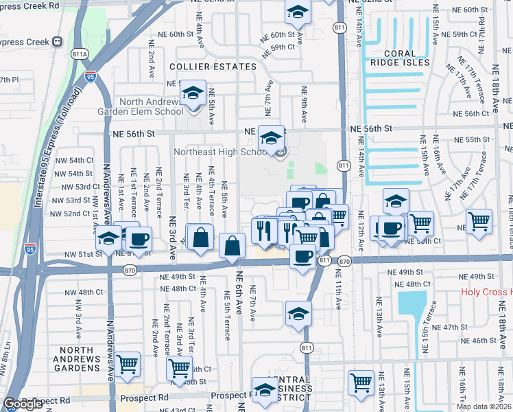 map of restaurants, bars, coffee shops, grocery stores, and more near 5220 Northeast 6th Avenue in Oakland Park
