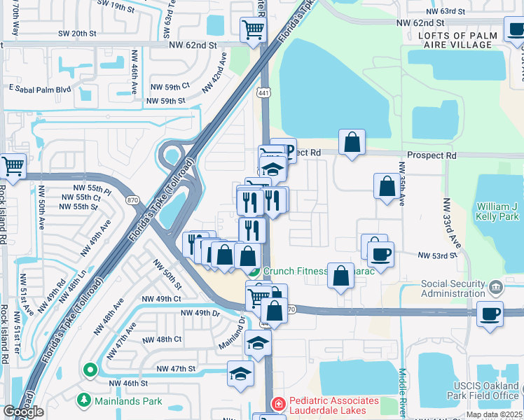map of restaurants, bars, coffee shops, grocery stores, and more near 5321 Florida 7 in Fort Lauderdale