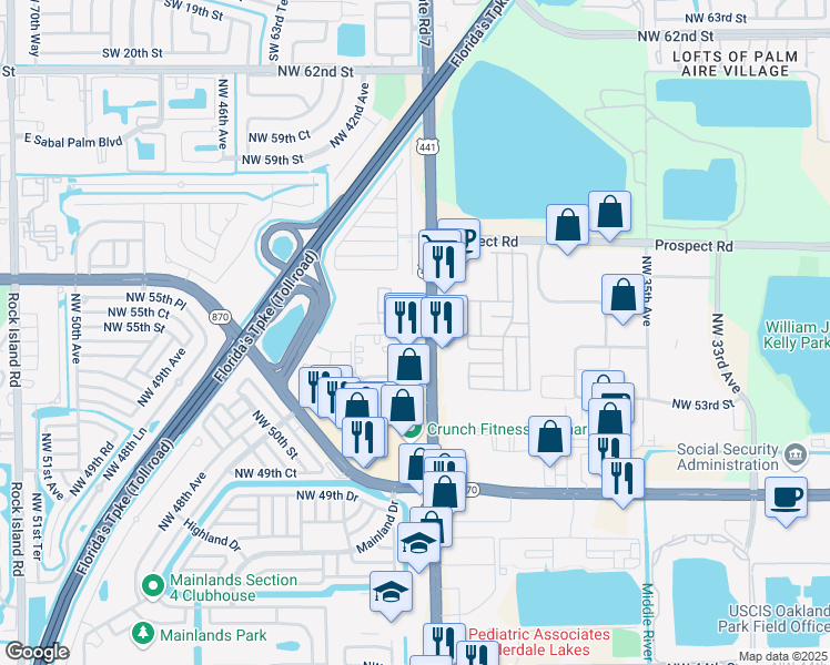 map of restaurants, bars, coffee shops, grocery stores, and more near 5447 North State Road 7 in Tamarac