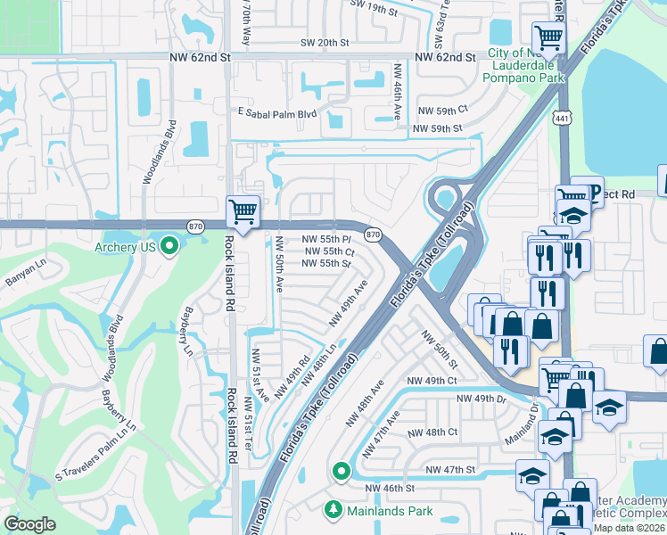 map of restaurants, bars, coffee shops, grocery stores, and more near 4918 Northwest 54th Court in Tamarac