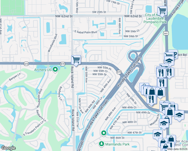 map of restaurants, bars, coffee shops, grocery stores, and more near 4918 Northwest 54th Court in Tamarac